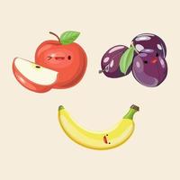 manzana, ciruela y plátano. lindo icono de vector ilustración. pegatina logos de dibujos animados kawaii. concepto de fruta. estilo de caricatura plana adecuado para página de inicio web, banner, pegatina, fondo.