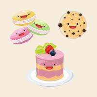 galletas, macarrones, pastel decorado con bayas. lindo icono de vector ilustración. pegatina logos de dibujos animados kawaii. concepto de postre. estilo de caricatura plana adecuado para página de inicio web, banner, pegatina.