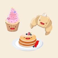 muffin, croissant, tortitas con almíbar y bayas. lindo icono de vector ilustración. pegatina logos de dibujos animados kawaii. concepto de postre. estilo de caricatura plana adecuado para página de inicio web, banner, pegatina.