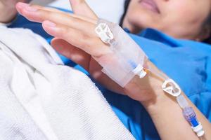 Woman patient lying down In hospital bed photo