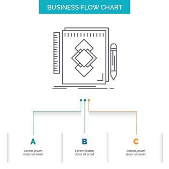 design. Tool. identity. draw. development Business Flow Chart Design with 3 Steps. Line Icon For Presentation Background Template Place for text vector