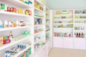 Pharmacy drugstore blur abstract backbround with medicine and healthcare product on shelves photo