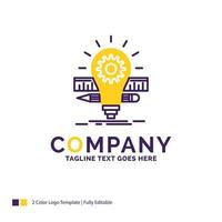 Company Name Logo Design For Development. idea. bulb. pencil. scale. Purple and yellow Brand Name Design with place for Tagline. Creative Logo template for Small and Large Business. vector