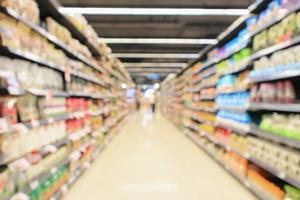 supermarket aisle with product shelves interior defocused blur background photo