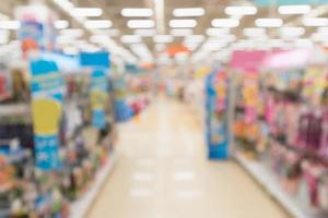 Abstract blur supermarket discount store aisle and product shelves interior defocused background photo