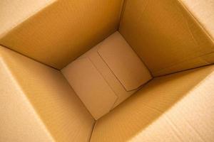 Open empty brown cardboard box background top view photo