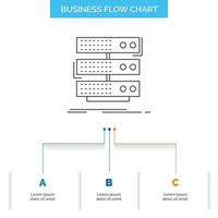 servidor. almacenamiento. estante. base de datos. diseño de diagrama de flujo de negocios de datos con 3 pasos. icono de línea para el lugar de plantilla de fondo de presentación para texto vector