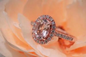 pink diamond ring on rose flower background photo