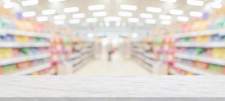 marble table top with supermarket grocery store blurred background with bokeh light for product display photo