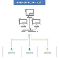 base de datos. repartido. conexión. la red. diseño de diagrama de flujo de negocios informáticos con 3 pasos. icono de línea para el lugar de plantilla de fondo de presentación para texto vector