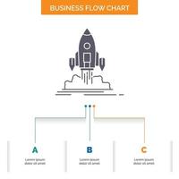 Launch, mission, shuttle, startup, publish Business Flow Chart Design with 3 Steps. Glyph Icon For Presentation Background Template Place for text. vector