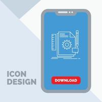 creativo, diseño, desarrollo, retroalimentación, icono de línea de soporte en móvil para página de descarga vector