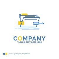 Folder. repair. skrewdriver. tech. technical Blue Yellow Business Logo template. Creative Design Template Place for Tagline. vector
