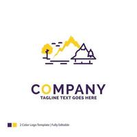 Company Name Logo Design For hill, landscape, nature, mountain, tree. Purple and yellow Brand Name Design with place for Tagline. vector