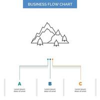 mountain. landscape. hill. nature. tree Business Flow Chart Design with 3 Steps. Line Icon For Presentation Background Template Place for text vector