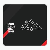 fondo de presentación creativa rojo y negro para la montaña. paisaje. Cerro. naturaleza. icono de línea de árbol vector