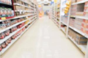 Resumen borroso supermercado tienda de descuento pasillo y estantes de productos interior fondo desenfocado foto