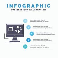 actualizar. aplicación solicitud. Instalar en pc. sincronizar la plantilla de infografías para el sitio web y la presentación. icono de glifo gris con ilustración de vector de estilo infográfico azul.