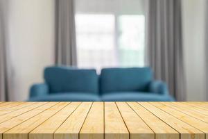 Empty wood table top with blur room interior with window curtain background photo