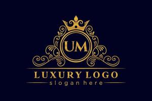 UM Initial Letter Gold calligraphic feminine floral hand drawn heraldic monogram antique vintage style luxury logo design Premium Vector