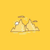 montaña. Cerro. paisaje. naturaleza. icono lleno de línea plana de sol. hermoso botón de logotipo sobre fondo amarillo para ui y ux. sitio web o aplicación móvil vector