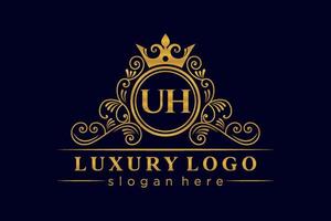 UH Initial Letter Gold calligraphic feminine floral hand drawn heraldic monogram antique vintage style luxury logo design Premium Vector