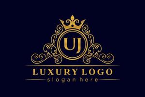 UJ Initial Letter Gold calligraphic feminine floral hand drawn heraldic monogram antique vintage style luxury logo design Premium Vector