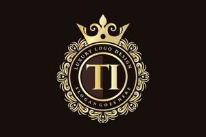 TI Initial Letter Gold calligraphic feminine floral hand drawn heraldic monogram antique vintage style luxury logo design Premium Vector