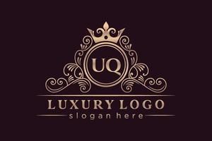 UQ Initial Letter Gold calligraphic feminine floral hand drawn heraldic monogram antique vintage style luxury logo design Premium Vector