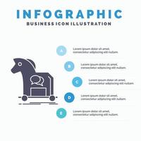 Ciberdelincuencia, caballo, Internet, troyano, plantilla de infografía de virus para sitio web y presentación. icono de glifo gris con ilustración de vector de estilo infográfico azul.