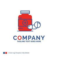 Company Name Logo Design For medicine. Pill. capsule. drugs. tablet. Blue and red Brand Name Design with place for Tagline. Abstract Creative Logo template for Small and Large Business. vector