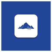 Blue Round Button for mountain. landscape. hill. nature. tree Glyph icon vector