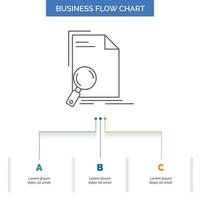 Analysis, document, file, find, page Business Flow Chart Design with 3 Steps. Line Icon For Presentation Background Template Place for text vector