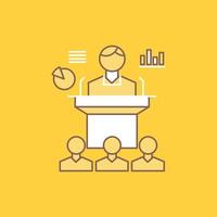 Business. conference. convention. presentation. seminar Flat Line Filled Icon. Beautiful Logo button over yellow background for UI and UX. website or mobile application vector