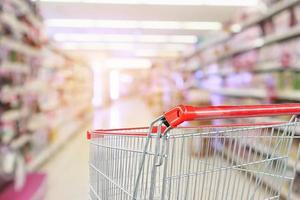 Empty shopping cart with abstract blur supermarket discount store aisle and product shelves interior defocused background photo