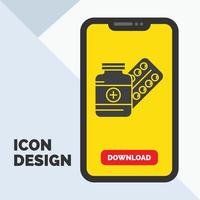 medicine. Pill. capsule. drugs. tablet Glyph Icon in Mobile for Download Page. Yellow Background vector