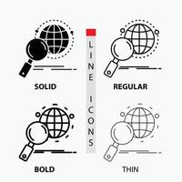 global. globe. magnifier. research. world Icon in Thin. Regular. Bold Line and Glyph Style. Vector illustration