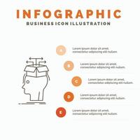 datos, extracción, cabeza, conocimiento, compartir plantilla de infografía para sitio web y presentación. icono de línea gris con ilustración de vector de estilo infográfico naranja