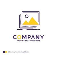 Company Name Logo Design For gallery, image, landscape, nature, photo. Purple and yellow Brand Name Design with place for Tagline. vector