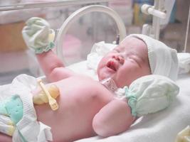 new born baby infant sleep in the incubator at hospital photo