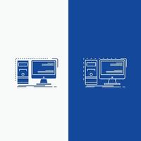 Computer, desktop, hardware, workstation, System Line and Glyph web Button in Blue color Vertical Banner for UI and UX, website or mobile application vector