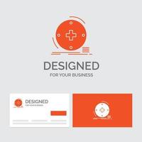 plantilla de logotipo comercial para clínica, digital, salud, atención médica, telemedicina. tarjetas de visita naranjas con plantilla de logotipo de marca. vector