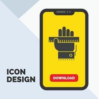 educación. mano. aprender. aprendizaje. icono de glifo de regla en el móvil para la página de descarga. fondo amarillo vector