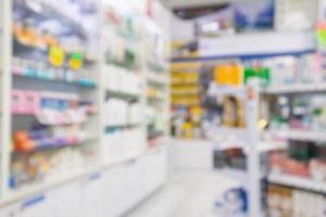 Pharmacy drugstore blur abstract background with medicine and vitamin product on shelves photo