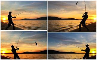 Silhouette of a man fishing at sunset -collage set photo