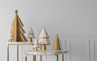 Gold edged marble table and white Christmas tree with christmas and New year gold border in white room background. 3d illustration 3d rendering photo