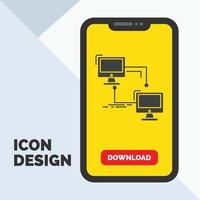 local. lana conexión. sincronizar icono de glifo de computadora en el móvil para la página de descarga. fondo amarillo vector