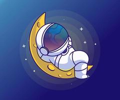 lindo astronauta durmiendo en la ilustración del icono del vector de dibujos animados de la luna.