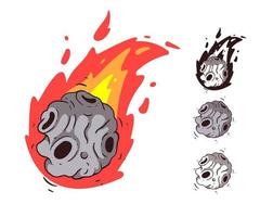 Meteors collection with falling comets. Asteroids. The volcano. Crater in cartoon style. vector