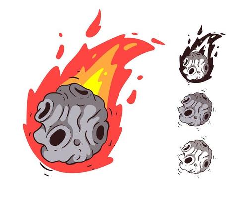 Meteors collection with falling comets. Asteroids. The volcano. Crater in cartoon style.